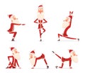 Santa yoga poses. Christmas winter holiday sport healthy character standing in various relax poses vector cute mascot