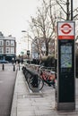 Santander cycles docking station in Haggerston, London, UK