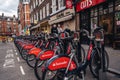 Santander rental bicycles, Boris bikes parked in Soho area