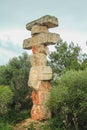Santanyi, Mallorca / Spain - March 25 2018: Stacked stones, artwork by Rolf Schaffner from the Equilibrio Balance series