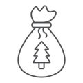 Santas bag thin line icon, christmas and gift, christmas sack sign, vector graphics, a linear pattern on a white