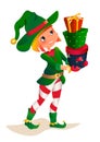 Santas dwarv on a white background. Santa Claus elf helper child cartoon character.