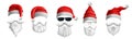 Santas hats, eyeglasses and beards. Christmas party costume mask with red cap and white beard with mustaches vector Royalty Free Stock Photo