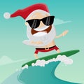 Funny cartoon illustration of a surfing santa claus