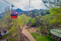 SANTIAGO, CHILE - OCTOBER 16, 2018: Cable car in San Cristobal hill, overlooking a panoramic view of Santiago de Chile