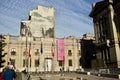 Mural and Colorful Pink Banner at The Chilean Museum of Precolumbian Art, Santiago, Chile, October 16, 2023. Royalty Free Stock Photo