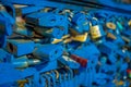 SANTIAGO, CHILE - SEPTEMBER 13, 2018: Close up of love locks padlocks chained to footbridge over the river mapocho