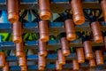 SANTIAGO, CHILE - SEPTEMBER 13, 2018: Close up of selective focus of bottle of wines updown position inside of a