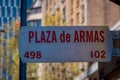 SANTIAGO, CHILE - SEPTEMBER 13, 2018: Informative sign of Plaza de Armas located in dowtown in Santiago de Chile