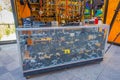 SANTIAGO, CHILE - SEPTEMBER 13, 2018: Outdoor view of assorted camera models inside of a showcase located in the streets