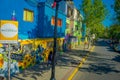 SANTIAGO, CHILE - SEPTEMBER 13, 2018: Outdoor view of colorful houses in Santiago city street, Chile Royalty Free Stock Photo