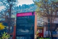 SANTIAGO, CHILE - SEPTEMBER 13, 2018: Outdoor view of informative sign of museum la Chascona, square of Pablo Neruda and