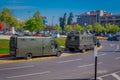 SANTIAGO DE CHILE, CHILE - OCTOBER 16, 2018: Outdoor view of some military cars in the plaza Baquedano in the center of Royalty Free Stock Photo