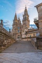 Santiago de Compostela Cathedral at sunrise, Galicia, Spain. Galician gothic church. Popular touristic landmark Royalty Free Stock Photo