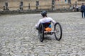 Santiago de Compostela, La Coruna, Galicia, Spain - 13 June, 2023. Pilgrim with disability arriving at Santiago de Compostela