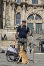 Santiago de Compostela, La Coruna, Galicia, Spain - 13 June, 2023. Pilgrim with his dog arriving in Santiago de Compostela
