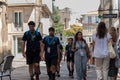 Santiago de Compostela, Spain. august 5, 2022: thousands of young pilgrims dance in arrive in Santiago