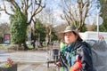 One pilgrim with rucksacks walking in Galicia