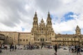 Santiago de Compostela, Spain - Jun 18, 2023: Pilgrims in front of the Cathedral at Santiago de Compostela, Spain
