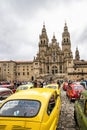 Santiago de Compostela, Spain - Jun 19, 2023: Vintage Seat cars in front of the Palace of Raxoi