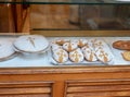 SANTIAGO DE COMPOSTELA, SPAIN - September 13, 2020:Traditional Saint Jakob`s cakes at the bakery showcase in the Santiago de