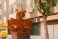 SANTIAGO DE LA RIBERA, SPAIN - JUNE 12, 2022 The sculpture depicts a carnival mask, topped by three seahorses, the distinctive Mar Royalty Free Stock Photo