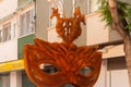 SANTIAGO DE LA RIBERA, SPAIN - JUNE 12, 2022 The sculpture depicts a carnival mask, topped by three seahorses, the distinctive Mar Royalty Free Stock Photo