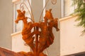 SANTIAGO DE LA RIBERA, SPAIN - JUNE 12, 2022 The sculpture depicts a carnival mask, topped by three seahorses, the distinctive Mar Royalty Free Stock Photo