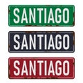 Santiago, rusted grungy metal road signal vector.