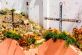 Grave decorated with flowers for All Saints Day, Santiago Sacatepequez, Guatemala