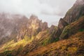 Santo Antao, Cape Verde. Mountain tops covered in fog and lit by the sun light in Xoxo in the Ribeira da Torre valley