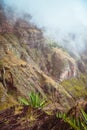 Santo Antao island at Cabo Verde. Volcano terrain with mountain edges and yucca plants Royalty Free Stock Photo