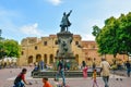 Santo Domingo, Dominican Republic. Famous Christopher Columbus statue and Cathedral Santa MarÃÂ­a la Menor in Columbus Park.