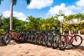 Santo Domingo, Dominican Republic - February 16, 2016: many rental bicycle at urban parking