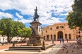 Santo Domingo, Dominican Republic - March, 2020: Columbus Statue and Cathedral in Columbus Park or Parque Colon. World Famous