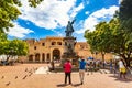 Santo Domingo, Dominican Republic - March, 2020: Columbus Statue and Cathedral in Columbus Park or Parque Colon. World Famous