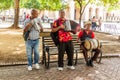 SANTO DOMINGO, DOMINICAN REPUBLIC - NOVEMBER 18, 2018: Local musicians at Parque Colon park in Santo Domingo, capital of