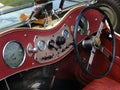 Santoft, Lincolnshire, UK, 18 September 2023. Trolley bus museum.Vintage sports car interior.