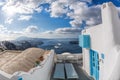 Santorini apartment and luxury sea view with ships on the sea, Santorini island, Greece Royalty Free Stock Photo