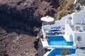 Santorini architectural detail and panoramic view on Fira and Oia town in summer traveling time