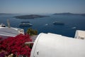 Santorini architectural detail and panoramic view on Fira and Oia town in summer traveling time