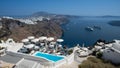 Santorini architectural detail and panoramic view on Fira and Oia town in summer traveling time