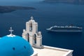 Santorini architectural detail and panoramic view on Fira and Oia town in summer traveling time