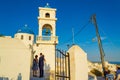 Santorini cliff top traditional Greek church summertime outdoor view Imerovigli Greece