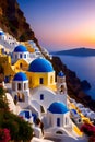 The Santorini with dramatic cliffs, overlooking the sparkling Aegean sea, iconic whitewashed buildings, sunset, romantic ambience Royalty Free Stock Photo