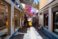 SANTORINI,FIRA-JULY 28: Narrow shopping street on July 28,2014 in Fira town on the Santorini island in Greece.