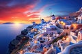 Santorini, Greece. Beautiful view of the famous Oia village at sunset, Oia Sunset, Santorini island, Greece, AI Generated Royalty Free Stock Photo