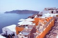 Santorini, Greece : Cyclades architecture hotels houses and cafes over the caldera in Oia santorini greek Royalty Free Stock Photo