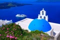 Sea and white and blue church, Santorini, Greece Royalty Free Stock Photo