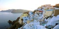 SANTORINI, GREECE - JULY 19, 2018: Stunning panoramic view of Santorini island with white houses and blue domes on famous Greek